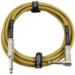 GLS Audio Instrument Cable - Amp Cord For Bass And Electric Guitar - Straight To Right Angle 1/4 Inch Instrument Cable - Brown/Yellow Braided Tweed, 10ft,