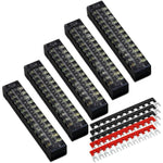 MILAPEAK 10pcs (5 Sets) 12 Positions Dual Row 600V 15A Screw Terminal Strip Blocks With Cover + 400V 15A 12 Positions Pre-Insulated Terminals Barrier Strip (Black And Red),