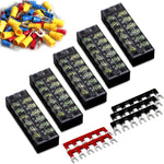 MILAPEAK Terminal Block And Strip - 5pcs 6 Positions 600V 25A Dual Row Screw Terminals Strip With Cover+5pcs Pre-Insulated Barrier Jumper Strips Black And Red + Spade Fork Wire Connectors,