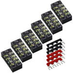 MILAPEAK Terminal Block And Strip - 12pcs (6 Sets) 4 Positions Dual Row 600V 25A Screw Terminal Strip Blocks With Cover + 400V 25A 4 Positions Pre-Insulated Terminals Barrier Strip Black And Red,