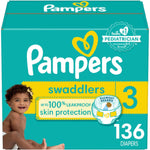Pampers Swaddlers Diapers - Size 3, 136 Count, Ultra Soft Disposable Baby Diapers,