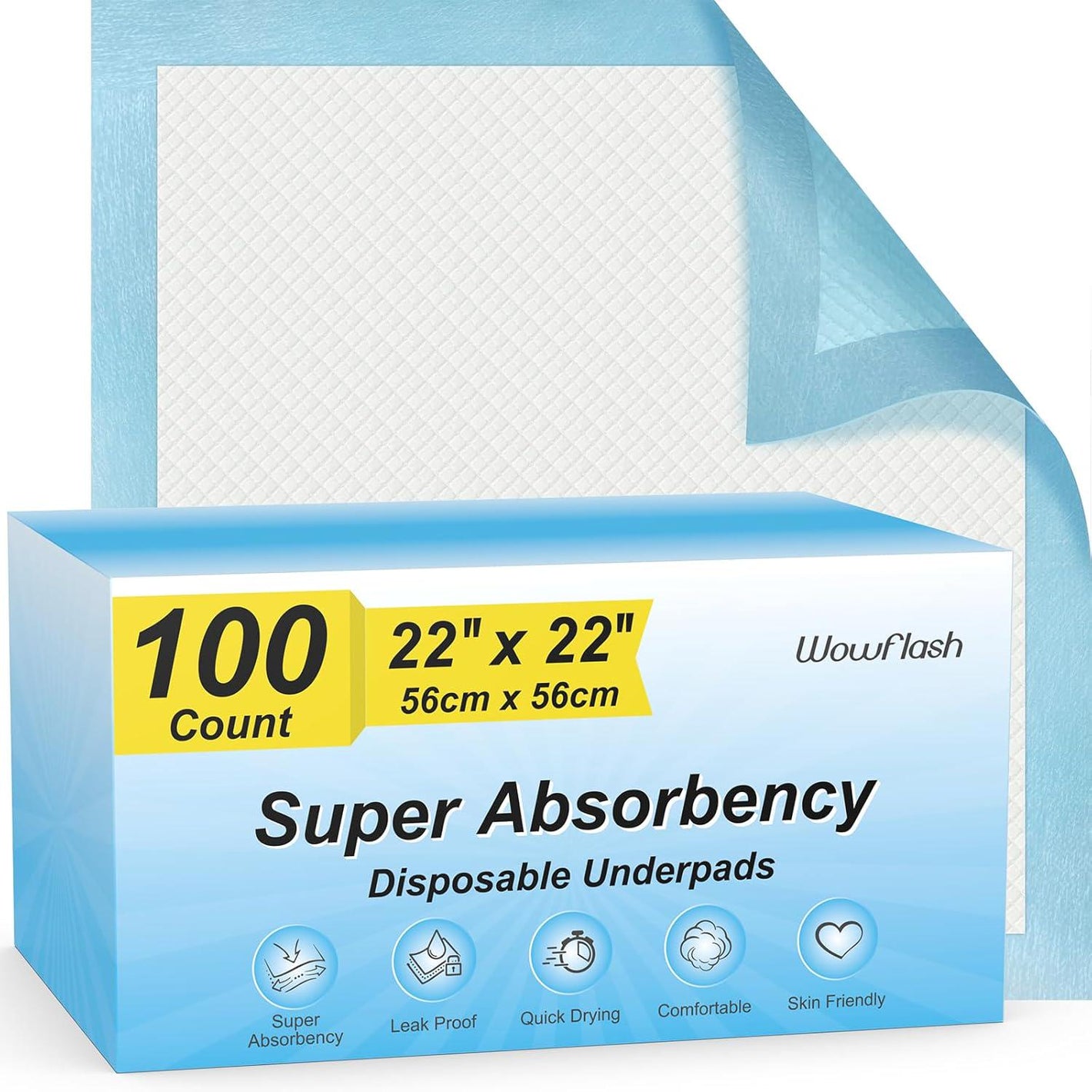 Wowflash 100 Count 22 X 22 Super Absorbency Disposable Underpads, Leakproof Quick Drying Disposable Pads For Baby, Puppy And Adults, Puppy Pads, Cat Pee Pads For Dogs, Potty Puppy Training Pads