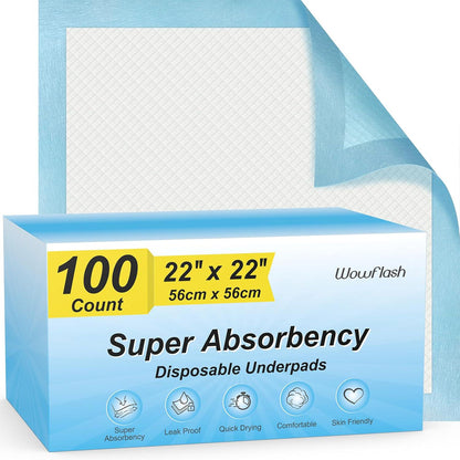 Wowflash 100 Count 22 X 22 Super Absorbency Disposable Underpads, Leakproof Quick Drying Disposable Pads For Baby, Puppy And Adults, Puppy Pads, Cat Pee Pads For Dogs, Potty Puppy Training Pads