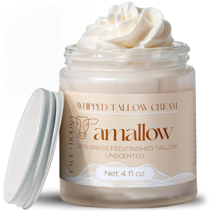 Amallow 100% Grass Fed Beef Tallow For Skin Care - Face + Body - Whipped Moisturizer For Sensitive Skin - Natural Lotion, 4 FL. Oz. (Unscented)