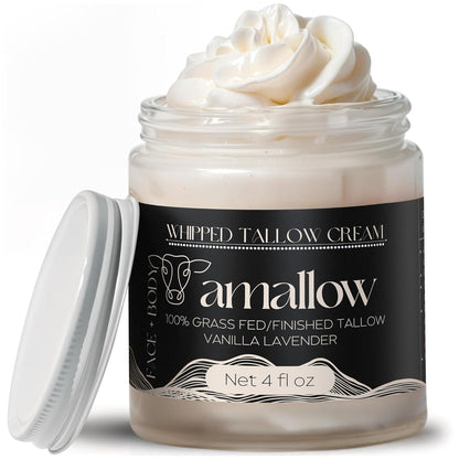 Amallow 100% Grass Fed Beef Tallow For Skin Care - Face + Body - Whipped Moisturizer - Natural Lotion, 4 FL. Oz. (Vanilla Lavender)