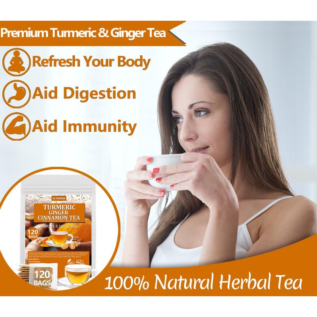 ULTHMOK 120 Premium Turmeric, Ginger, Cinnamon Blend Tea Bags, 100% Natural And No Additives And Caffeine Free.