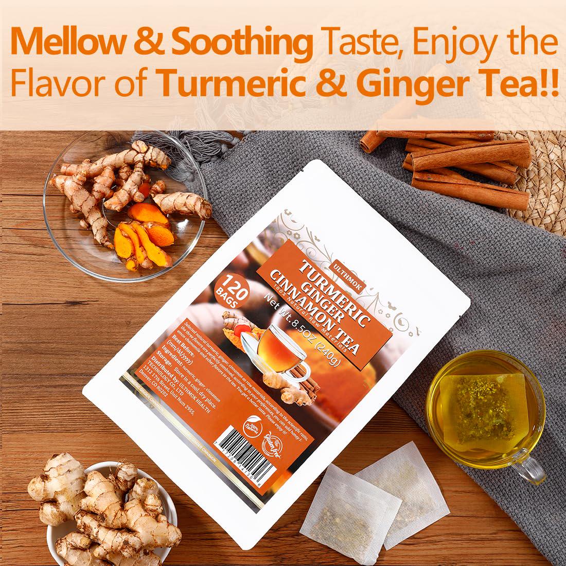 ULTHMOK 120 Premium Turmeric, Ginger, Cinnamon Blend Tea Bags, 100% Natural And No Additives And Caffeine Free.