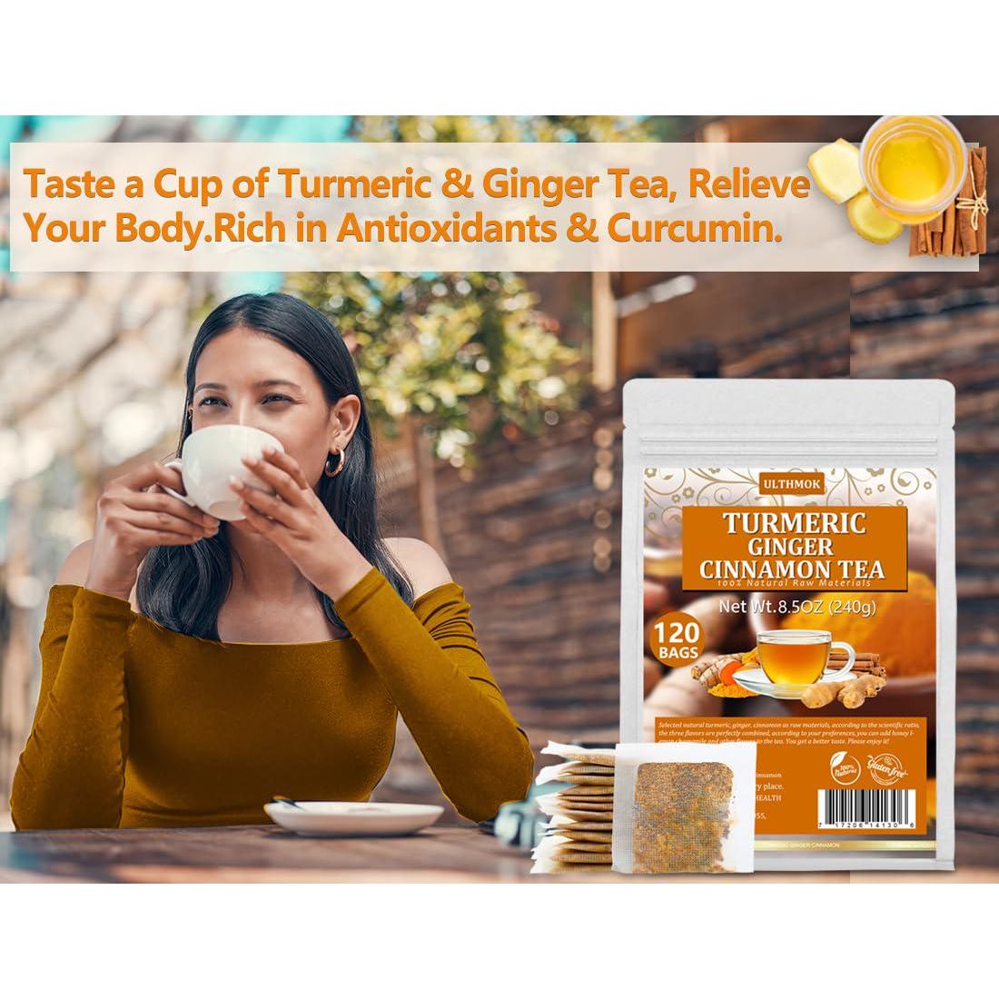 ULTHMOK 120 Premium Turmeric, Ginger, Cinnamon Blend Tea Bags, 100% Natural And No Additives And Caffeine Free.