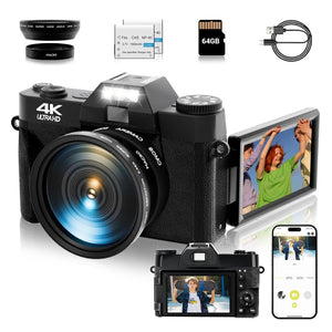 SMARTKLIK 4K Ultra HD 56MP Black Digital Camera & 64GB SD Card + 2 Batteries