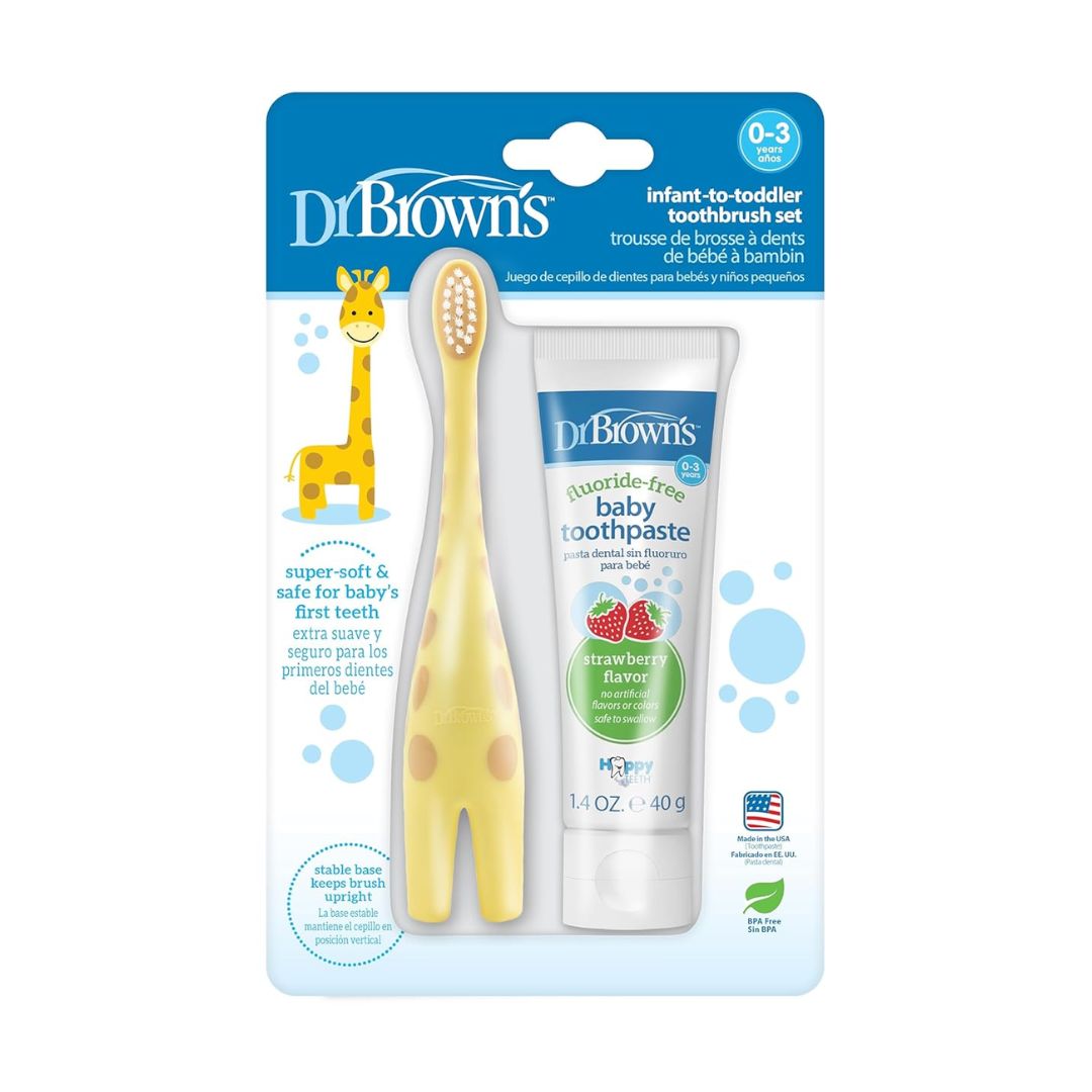 Dr. Brown's Toothbrush & Fluoride Free Strawberry Flavor Toothpaste 40g Set For 0-3 Years