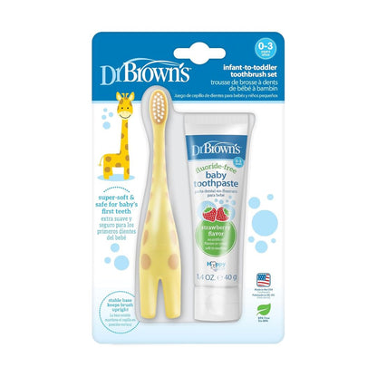 Dr. Brown's Toothbrush & Fluoride Free Strawberry Flavor Toothpaste 40g Set For 0-3 Years
