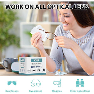 Wowflash 200 Count Lens Wipes for Eyeglasses, Pre-Moistened, Scratch-Free, Streak-Free, Eye Glasses Cleaner Wipes for Sunglasses, Camera Lenses, Goggles