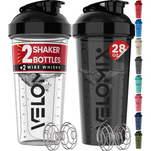 Velomix 2-Pack 28 oz Protein Shaker Bottles, Leak-Proof, with 2x Wire Whisk for Protein Mixes, Black & Transparent