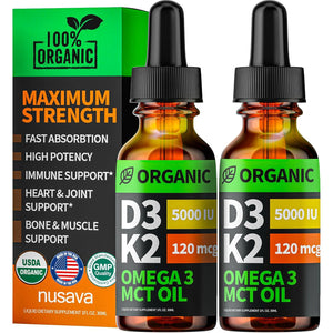 Nusava Organic Vitamin D3 K2 Drops, 5000 IU with MCT & Omega 3, No Fillers, Non-GMO, 2 fl oz 2-Pack, Unflavored