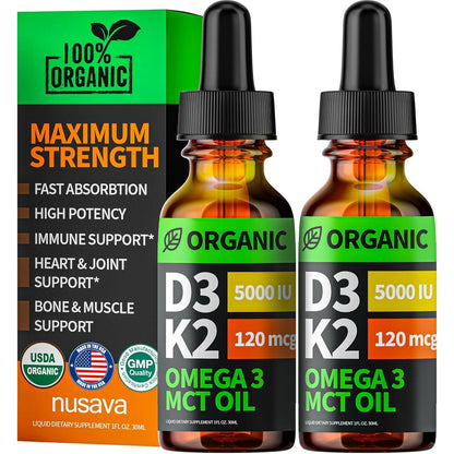 Nusava Organic Vitamin D3 K2 Drops, 5000 IU with MCT & Omega 3, No Fillers, Non-GMO, 2 fl oz 2-Pack, Unflavored