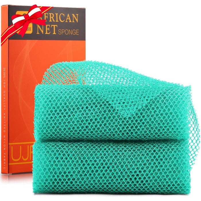 2-Piece African Bath Sponge, Exfoliating Long Net Body Scrubber, Skin Smoother, Back Scrubber, Daily Use, Green