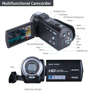 ORDRO HD 1920 X 1080P 30MP Night Vision Digital Video Camera Recorder & Remote + 1 Battery,1020000000022