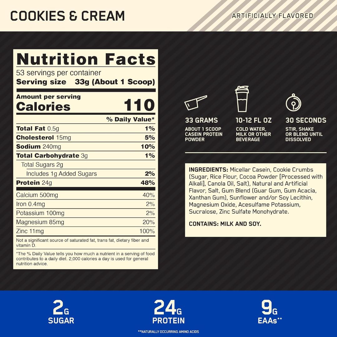 Optimum Nutrition Gold Standard 100% Casein Cookies & Cream Flavor Protein Powder 1.75kg