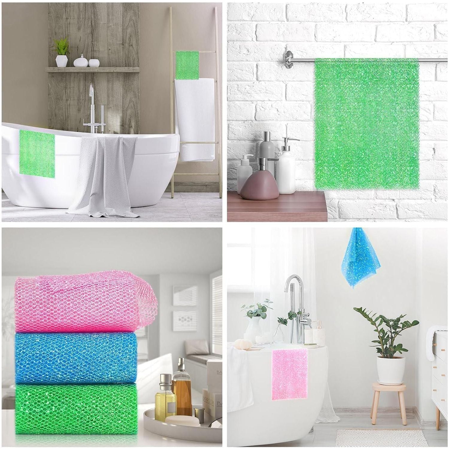 3 Piece Bright Style African Exfoliating Net Exfoliating Shower Set Long Bath Sponges For Smooth, Refreshed Skin, The Exterior Gleams - Ideal For Daily Use (Bright Pink, Blue, Green),