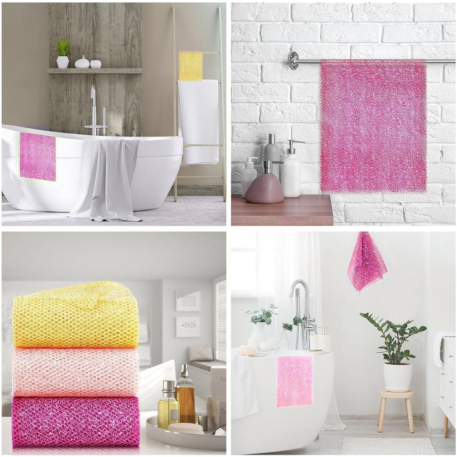 3 Piece Bright Style African Exfoliating Net Exfoliating Shower Set Long Bath Sponges For Smooth, Refreshed Skin, The Exterior Gleams - Ideal For Daily Use (Bright Yellow, Pink, Purple),