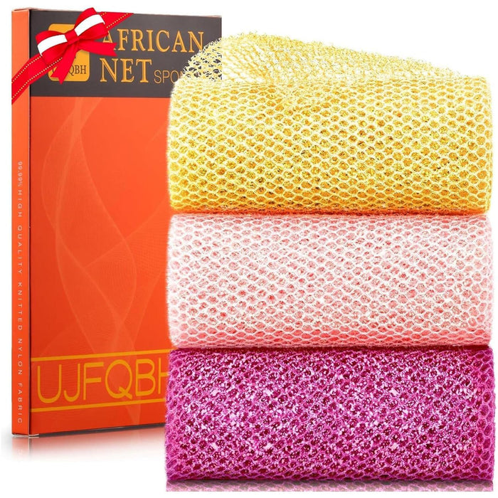 3-Piece Bright Style African Exfoliating Net Bath Sponges, Long for Smooth Skin, Yellow, Pink, Purple