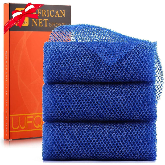 3-Piece African Bath Sponge, Exfoliating Long Net Body Scrubber, Skin Smoother, Back Scrubber, Daily Use, Blue