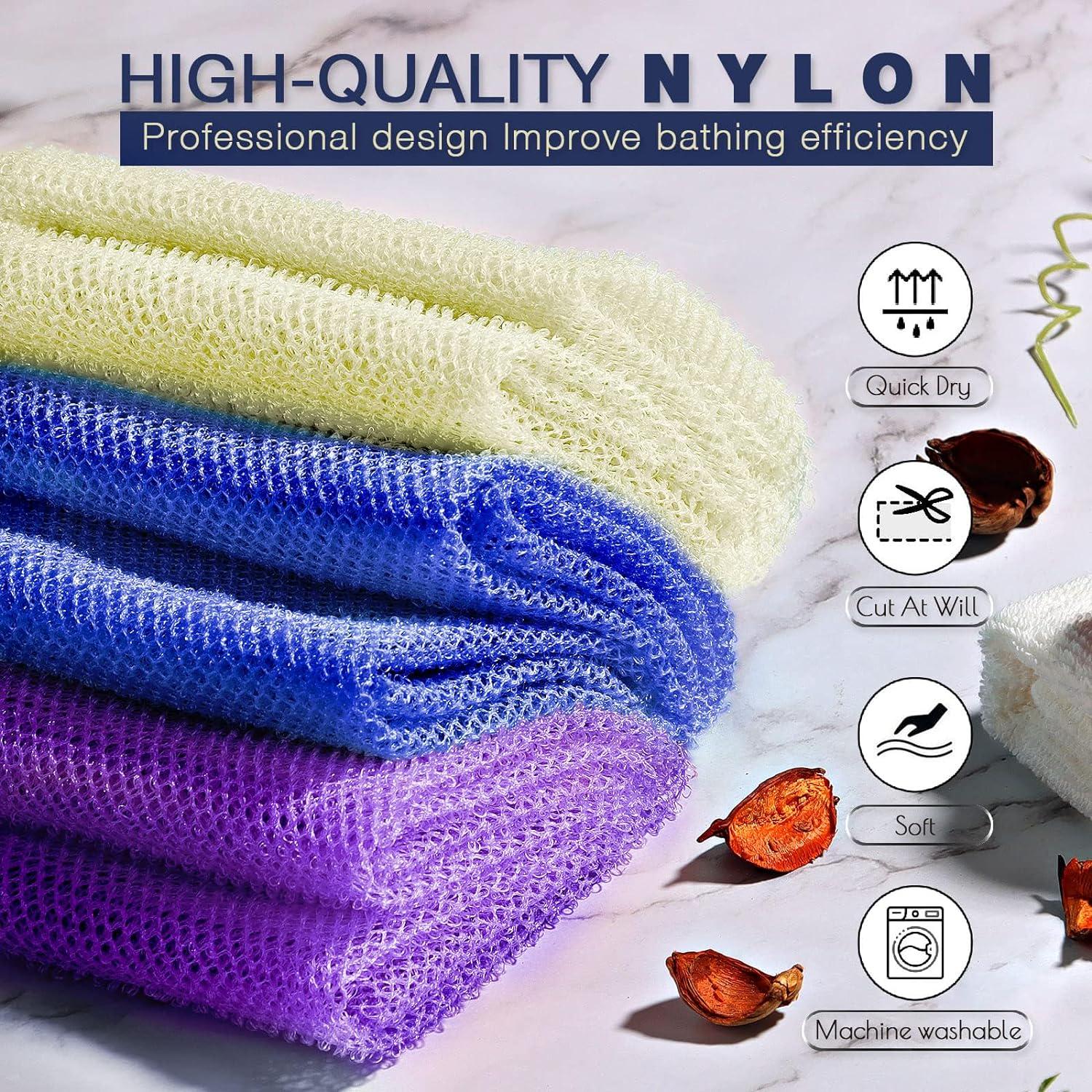 3 Pieces African Bath Sponge African Net Long Net Bath Sponge Exfoliating Shower Body Scrubber Back Scrubber Skin Smoother,Great For Daily Use (Purple,Blue,Off-White),