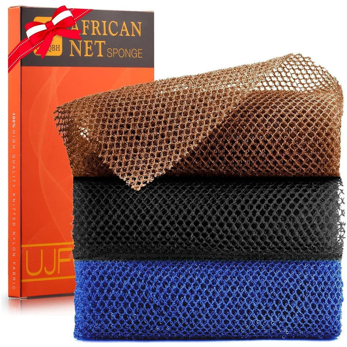 3-Piece African Bath Sponge, Exfoliating Long Net Shower Body Scrubber, Black, Blue, Brown