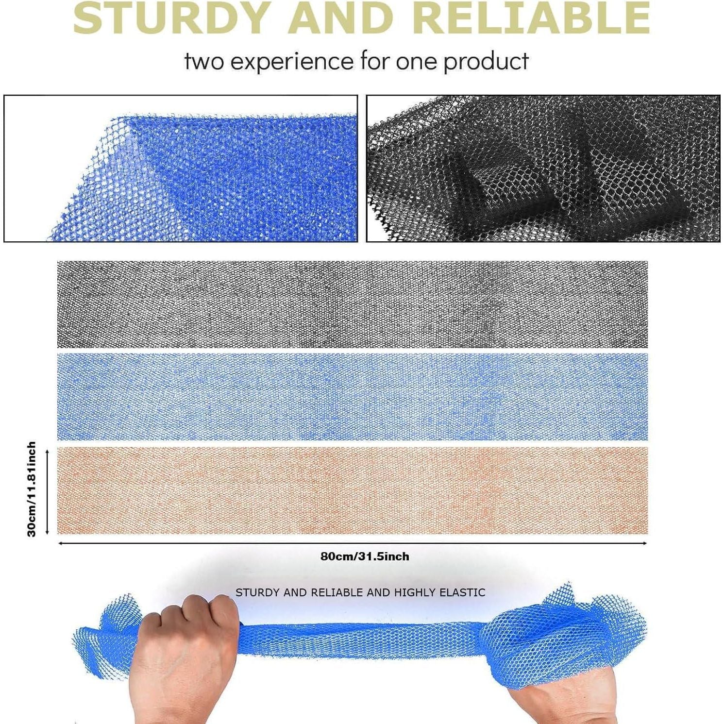 3 Pieces African Bath Sponge African Net Long Net Bath Sponge Exfoliating Shower Body Scrubber Back Scrubber Skin Smoother,Great For Daily Use (Black Blue Brown),