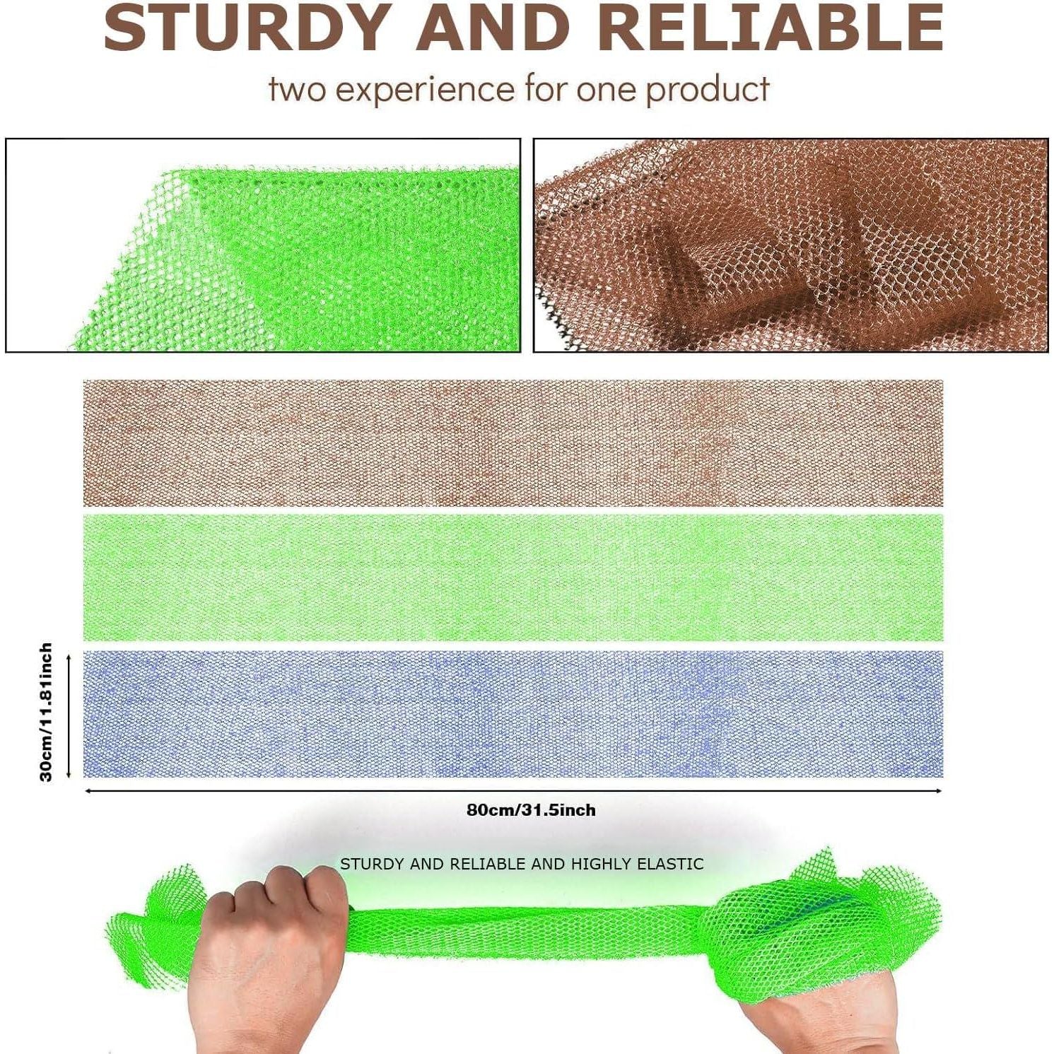 3 Pieces African Bath Sponge African Net Long Net Bath Sponge Exfoliating Shower Body Scrubber Back Scrubber Skin Smoother,Great For Daily Use (Brown Blue Green),