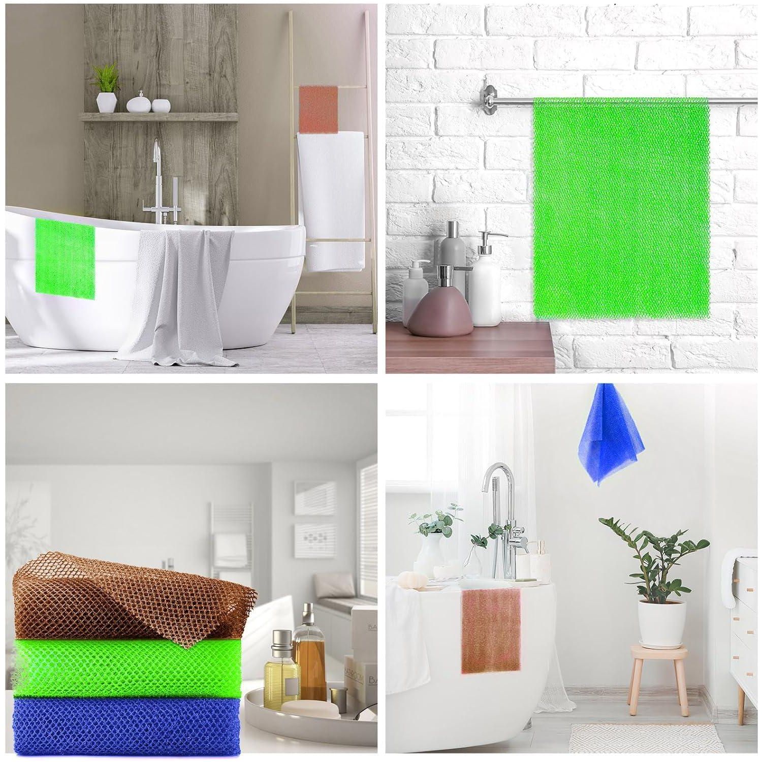 3 Pieces African Bath Sponge African Net Long Net Bath Sponge Exfoliating Shower Body Scrubber Back Scrubber Skin Smoother,Great For Daily Use (Brown Blue Green),