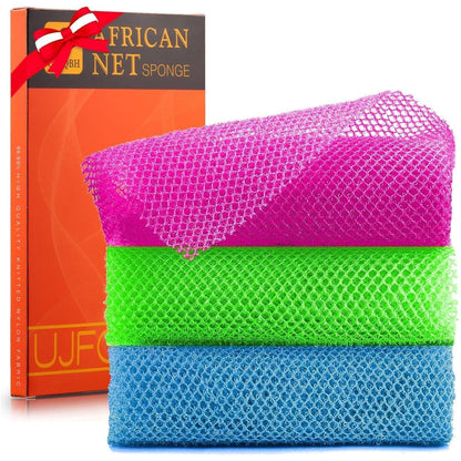 3 Pieces African Bath Sponge African Net Long Net Bath Sponge Exfoliating Shower Body Scrubber Back Scrubber Skin Smoother,Great For Daily Use (Rose Red, Blue, Green),