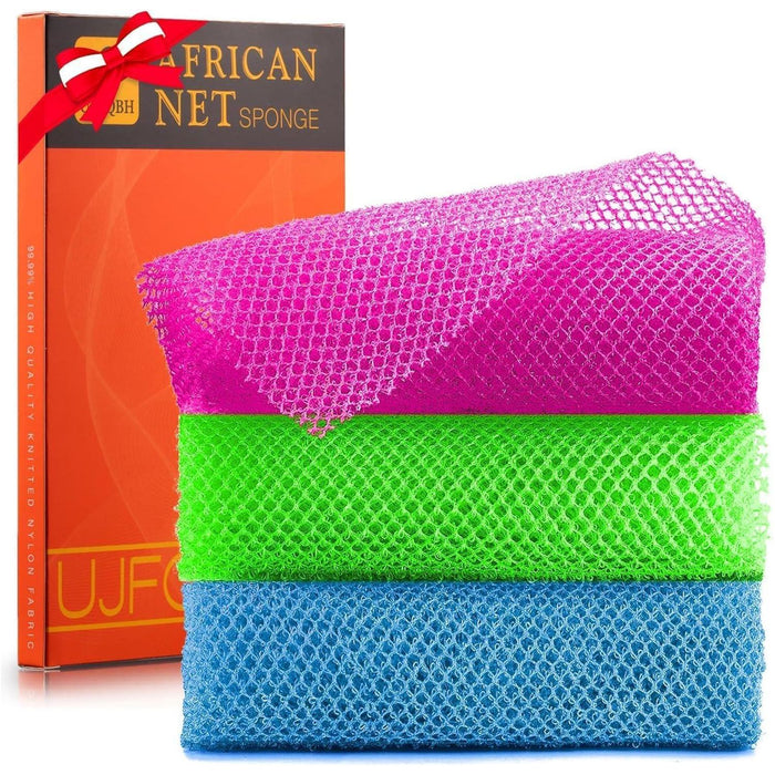 3-Piece African Bath Sponge Set, Exfoliating Net Bath Scrubber, Skin Smoother & Back Scrubber for Daily Use, Rose Red, Blue & Green