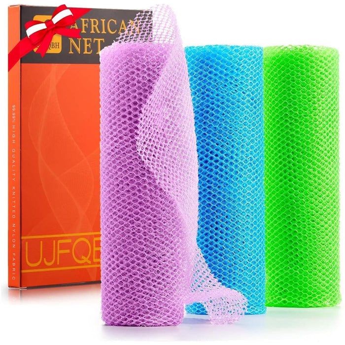 3-Piece African Bath Sponge, Exfoliating Long Net Bath Sponge, Back Scrubber for Daily Use, Pale Purple, Blue, Green