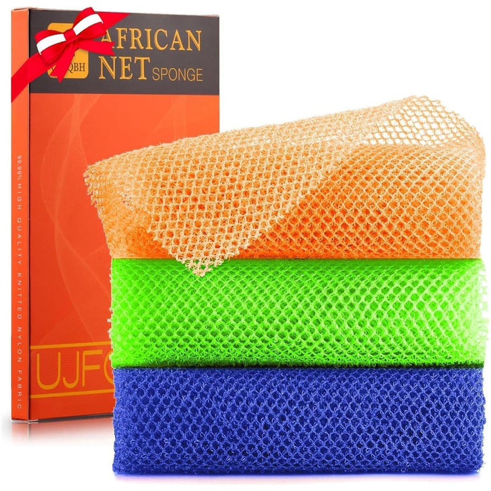 3 Pieces African Bath Sponge, Long Net Exfoliating Shower Body Scrubber, Back Scrubber, Skin Smoother, Great for Daily Use, Orange, Blue & Green