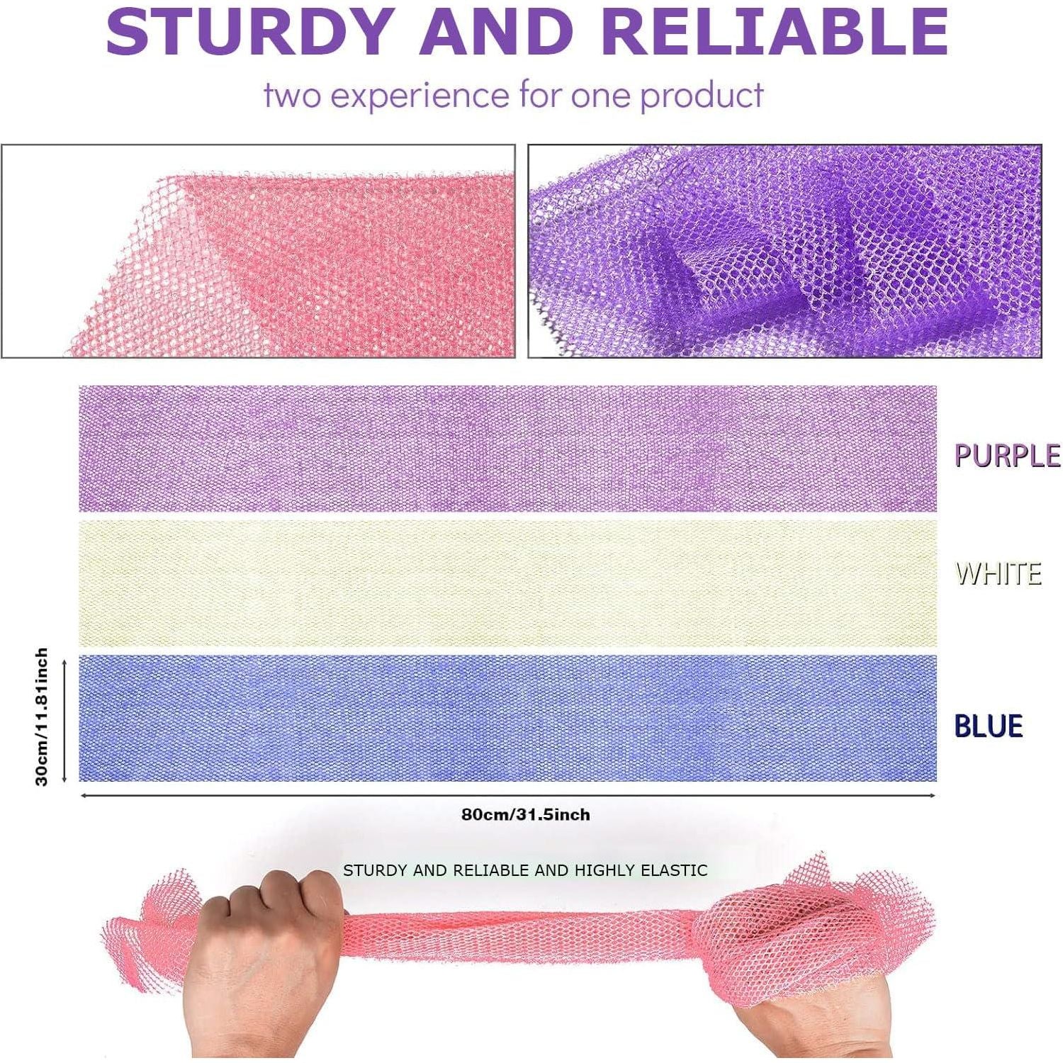 3 Pieces African Bath Sponge African Net Long Net Bath Sponge Exfoliating Shower Body Scrubber Back Scrubber Skin Smoother,Great For Daily Use (Purple,Blue,Off-White),