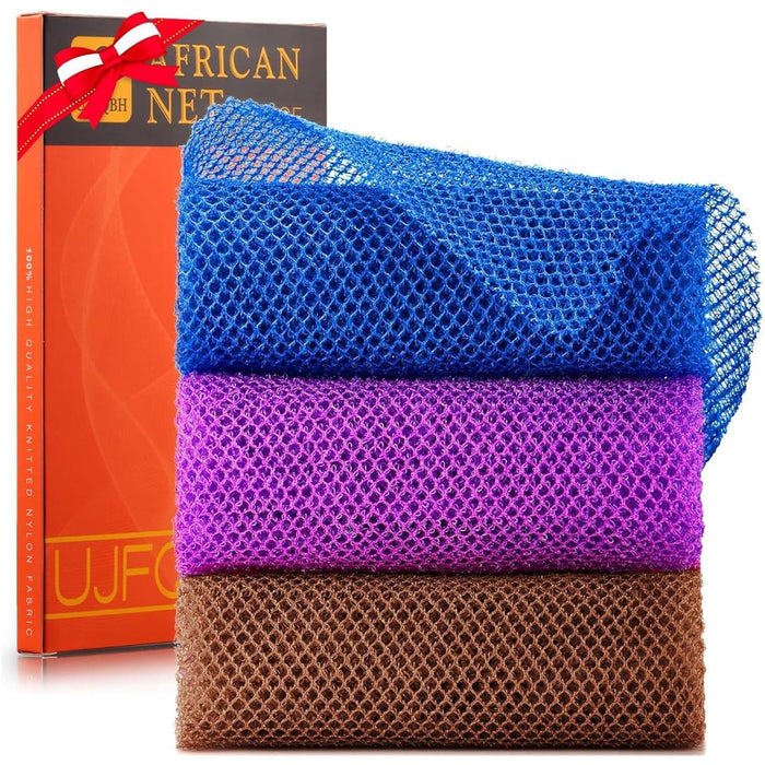 3-Piece African Bath Sponge Set, Exfoliating Shower Scrubbers, Brown, Blue, Purple, for Smooth Skin