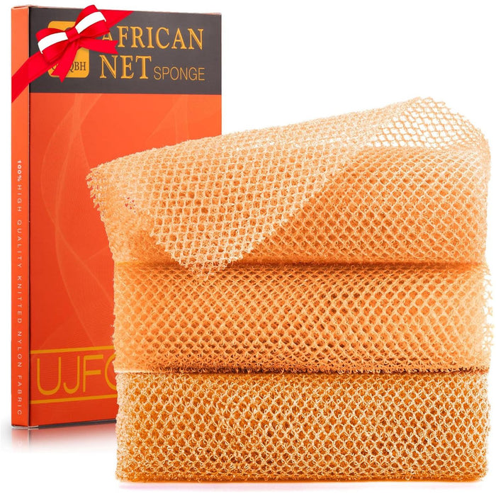 3-Piece African Bath Sponge, Exfoliating Long Net Body Scrubber, Skin Smoother, Back Scrubber for Daily Use, Yellow