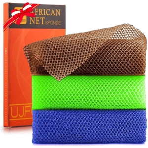 3 Pieces African Bath Sponge African Net Long Net Bath Sponge Exfoliating Shower Body Scrubber Back Scrubber Skin Smoother,Great For Daily Use (Brown Blue Green),