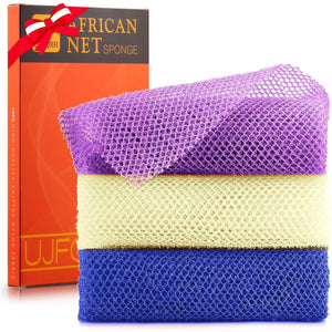 3 Pieces African Bath Sponge African Net Long Net Bath Sponge Exfoliating Shower Body Scrubber Back Scrubber Skin Smoother,Great For Daily Use (Purple,Blue,Off-White),