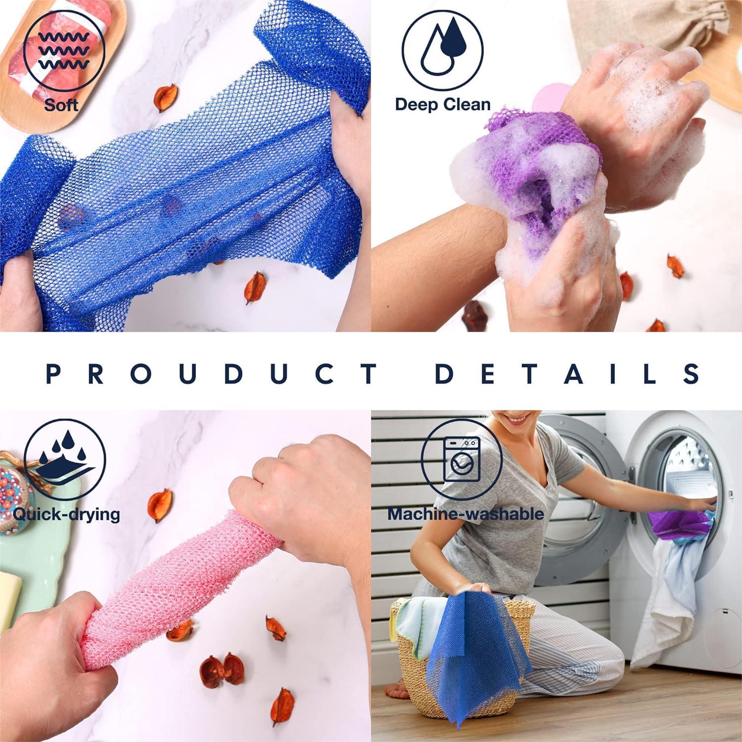 3 Pieces African Bath Sponge African Net Long Net Bath Sponge Exfoliating Shower Body Scrubber Back Scrubber Skin Smoother,Great For Daily Use (Brown, Blue, Purple),