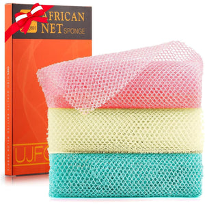 3 Pieces African Net Sponge, African Exfoliating Net African Net Long Net Bath Sponge Exfoliating Shower Body Scrubber Back Scrubber Skin Smoother Pink, Green, Off-White,