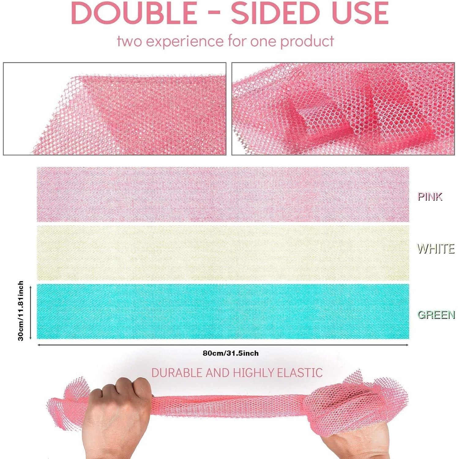 3 Pieces African Net Sponge, African Exfoliating Net African Net Long Net Bath Sponge Exfoliating Shower Body Scrubber Back Scrubber Skin Smoother Pink, Green, Off-White,
