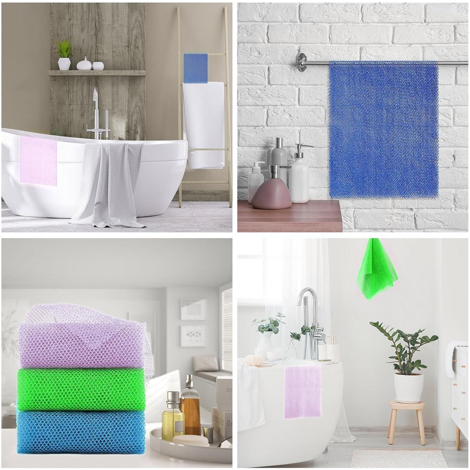 3 Pieces African Exfoliating Net African Net Long Net Bath Sponge Exfoliating Shower Body Scrubber Back Scrubber Skin Smoother,Great For Daily Use (Purple, Blue, Green),
