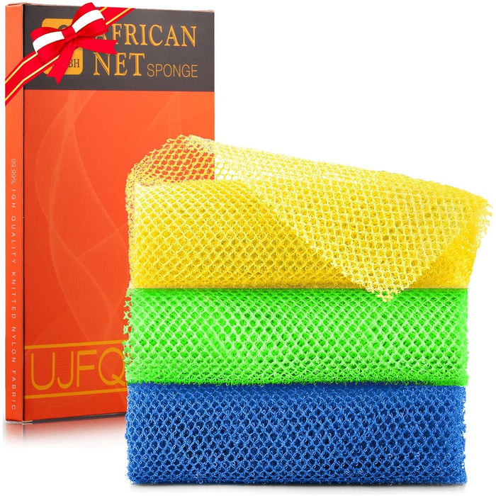 3-Piece African Exfoliating Net, Long Bath Sponge, Shower Body Scrubber, Skin Smoother, Yellow, Green, Blue