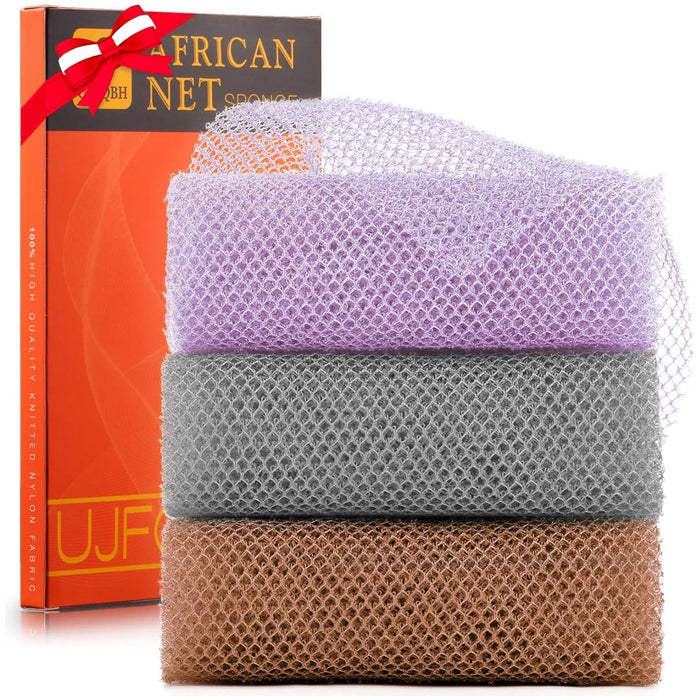 3 Pieces African Exfoliating Net, Long Net Bath Sponge, Skin Smoother, Daily Use, Purple, Gray, Brown