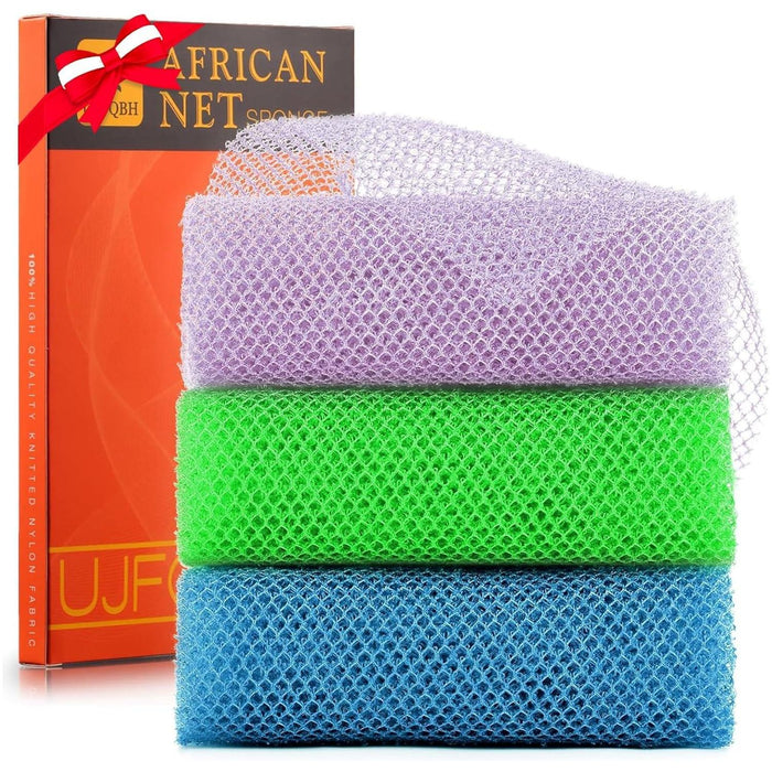 3-Piece African Exfoliating Net Shower Set, Long Bath Sponges, Purple, Blue, Green, Body Scrubber for Smooth Skin