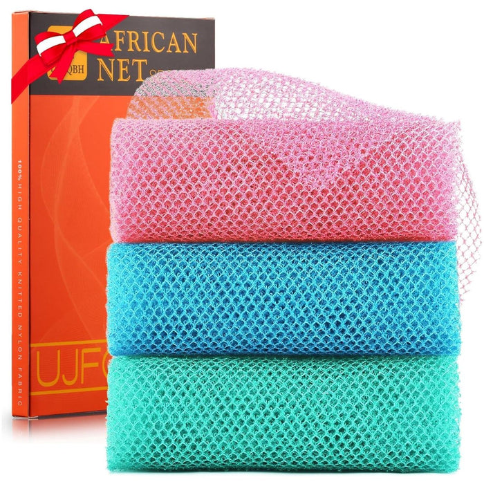 3-Piece Long African Bath Sponge, Exfoliating Body Scrubber, Back Scrubber, Skin Smoother, Great for Daily Use, Pink, Blue & Green