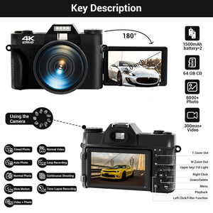 SMARTKLIK 4K Ultra HD 56MP Black Digital Camera & 64GB SD Card + 2 Batteries