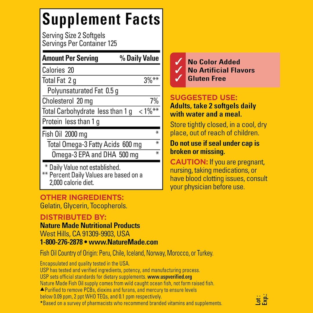 Nature Made Fish Oil 1000mg Omega-3 250 Softgels